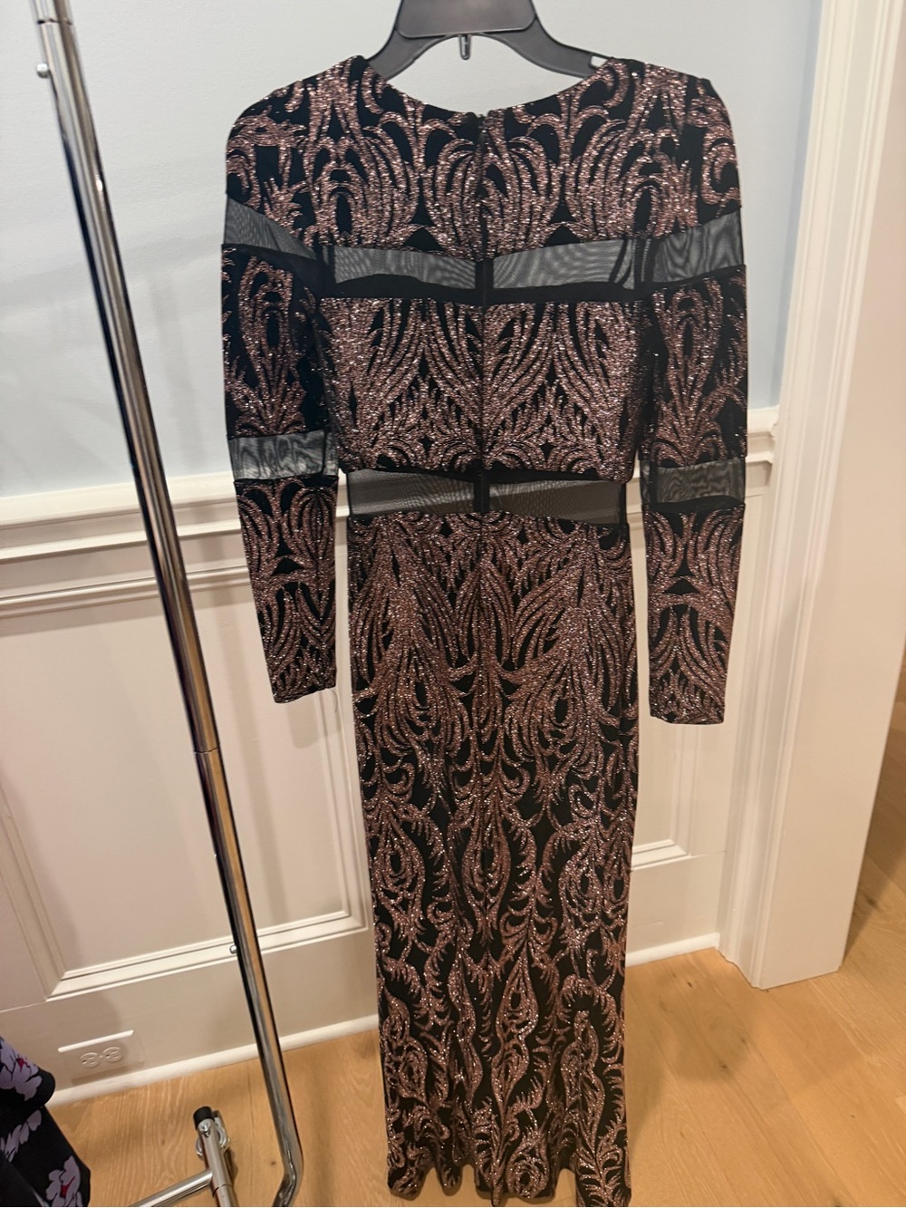 Betsy and Adam Long Sleeve Black and Rose Rose Gold Sparkle Evening Dress 4 - Picture 3 of 14